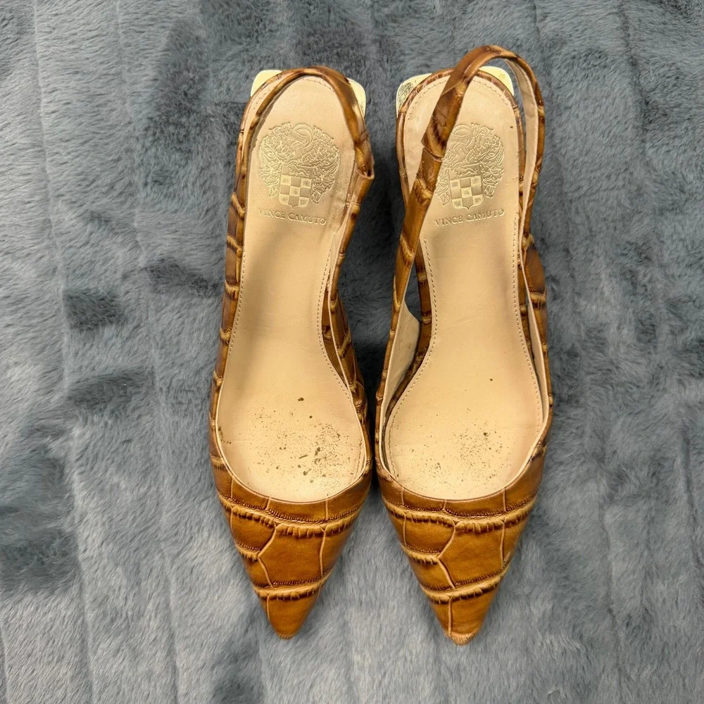 Vince Camuto Hamden Tan Croc Embossed Leather Slingback Block Heel Pumps 8.5M